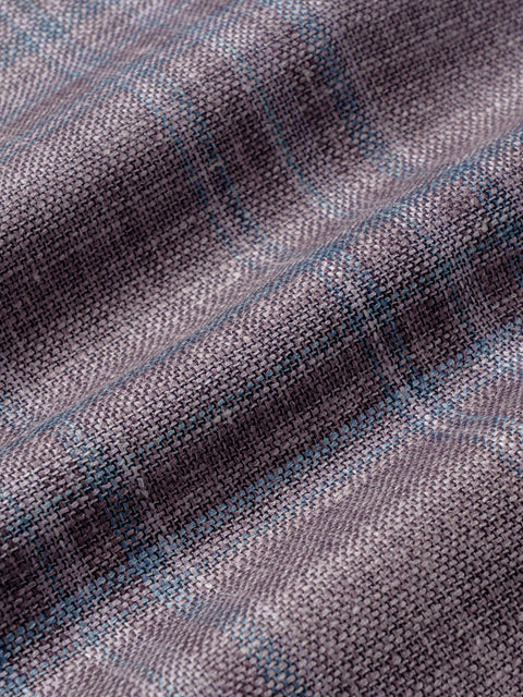 Gray and blue plaid woven fabric with diagonal stripe pattern detail.