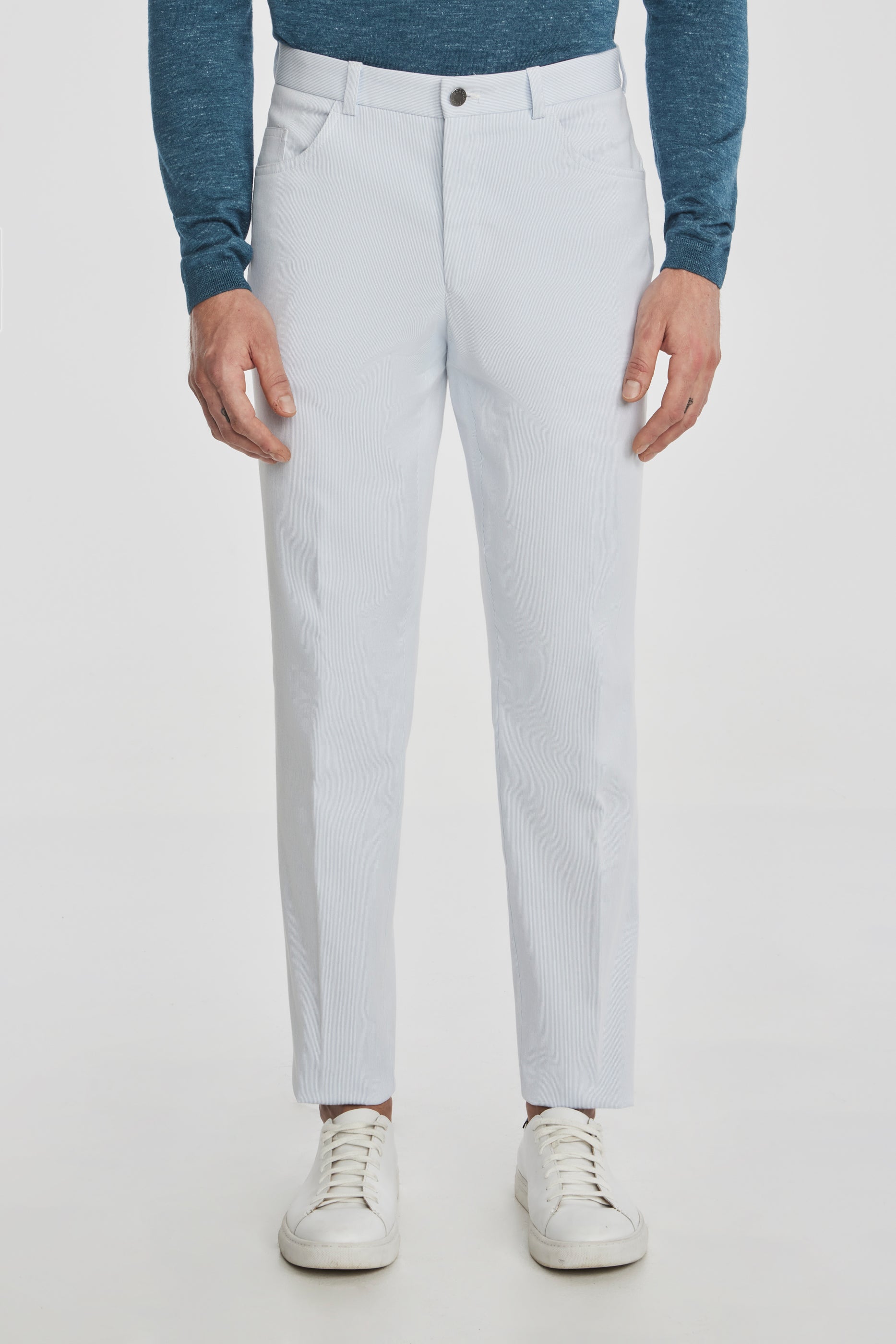 Vue alternative Pantalon bleu clair en plumes d'épingle en coton extensible 5 poches Sage