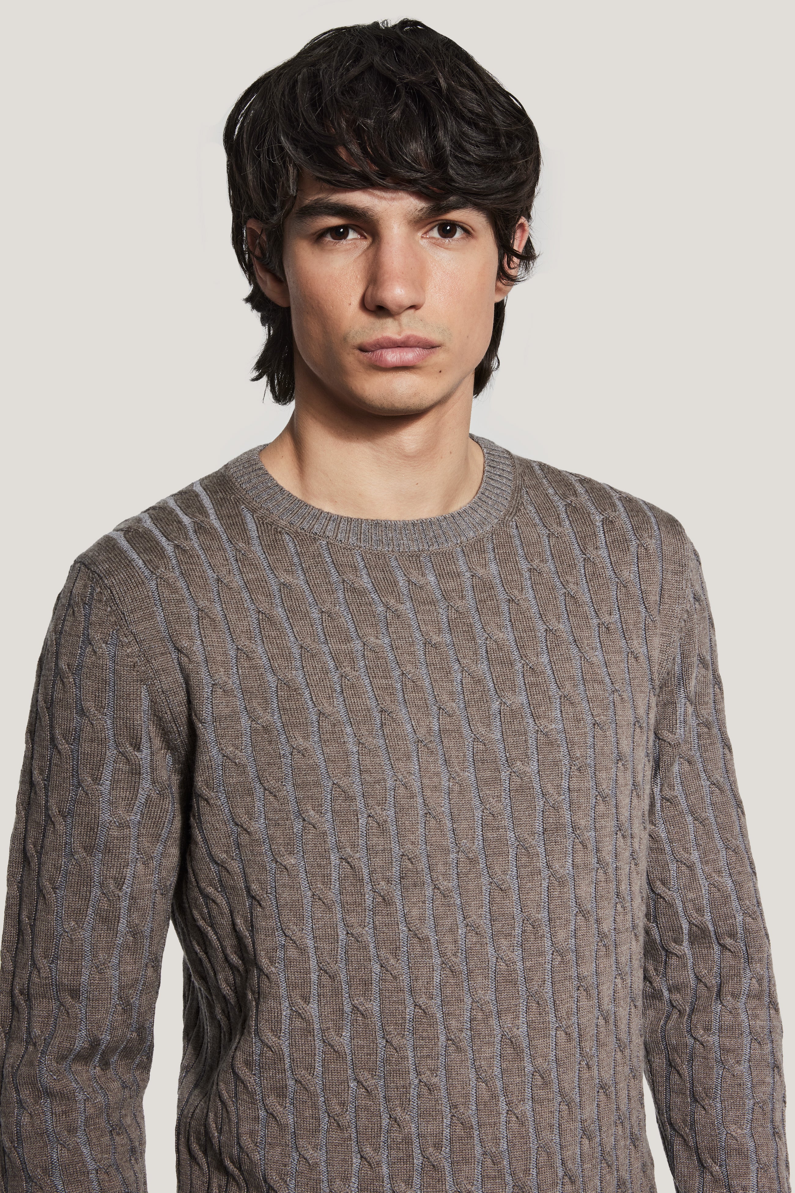 Alt view 1 Taupe Cable Knit Crew Neck
