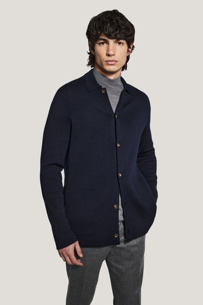 Navy Shirt Collar Cardigan - Extra Fine Merino Wool | Jack