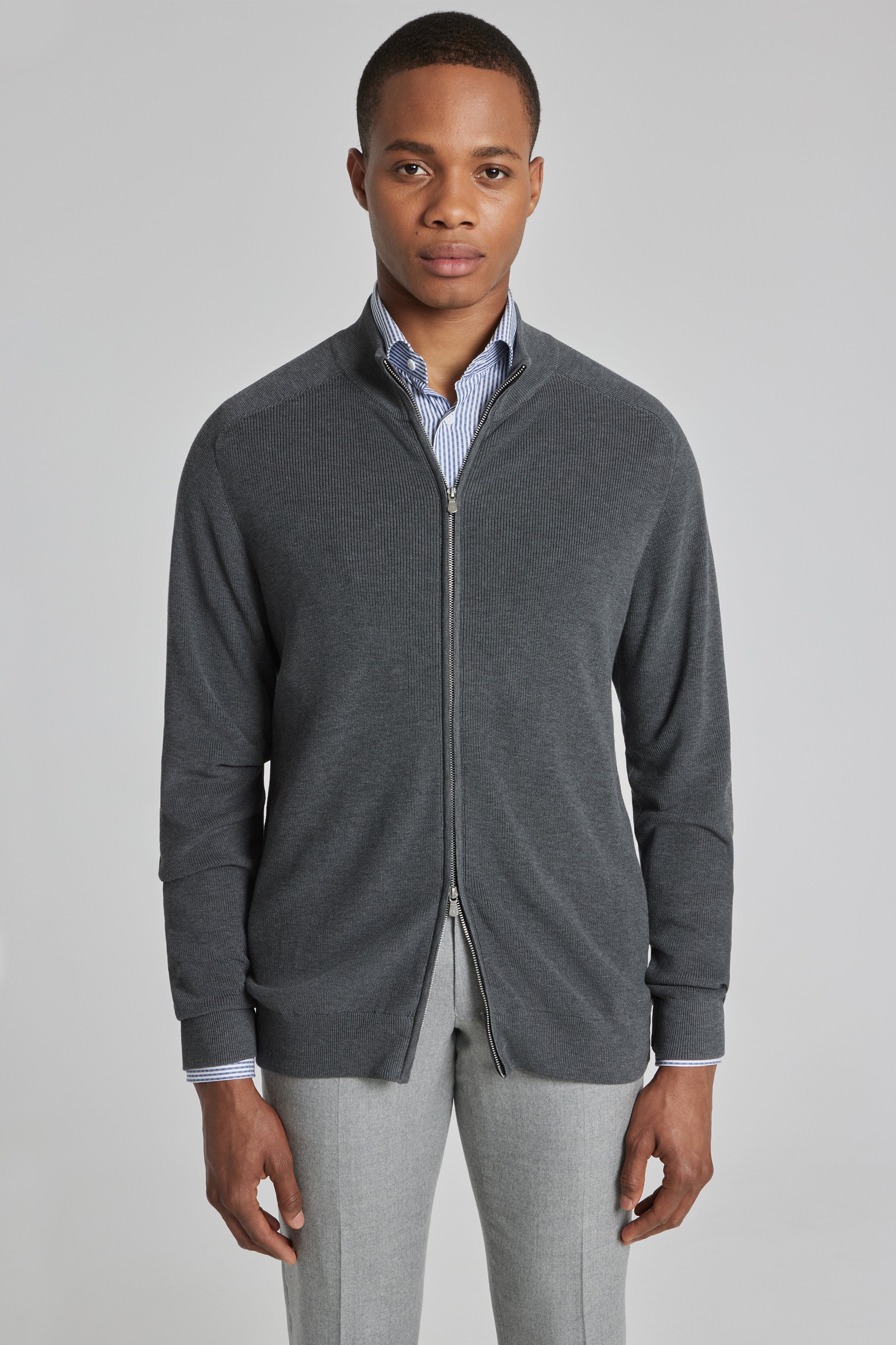 Murray Solid Cotton and Silk Full Zip Sweater in Charcoal