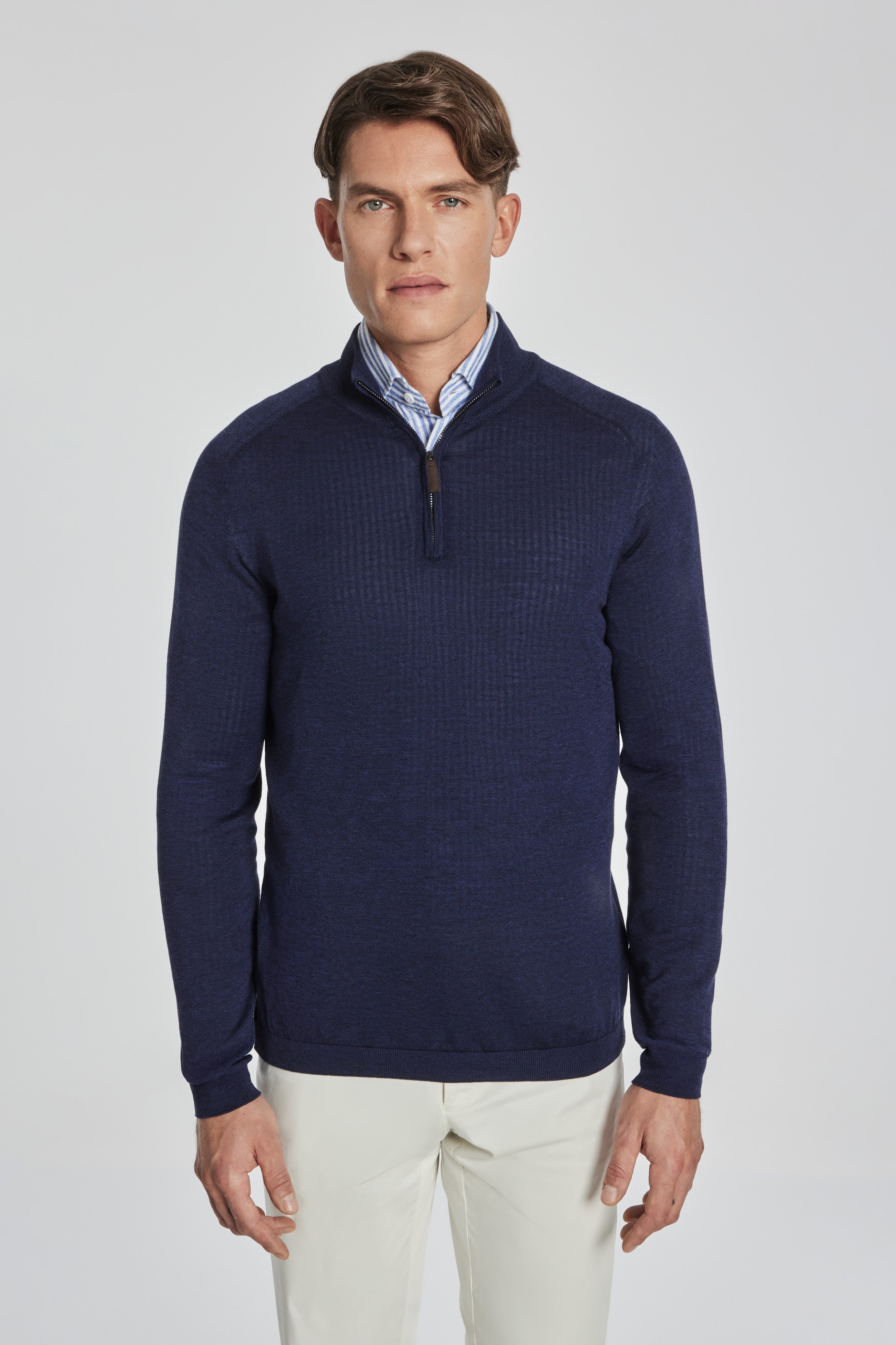Alt view SetiCo Solid Cotton and Silk Quarter Zip Sweater in Navy