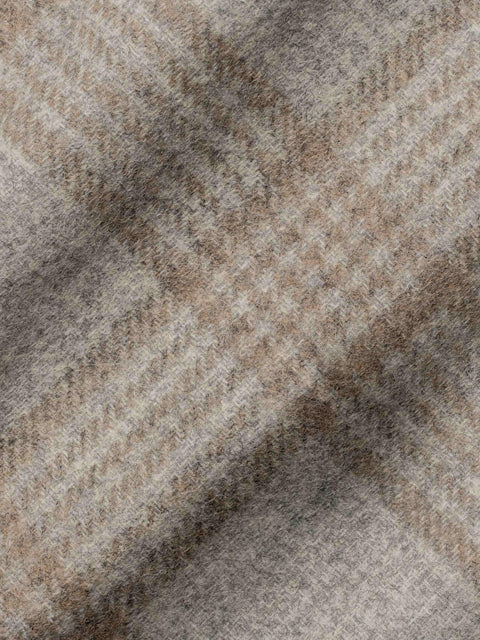 Light grey and camel plaid blazer fabric with diagonal striped weave pattern.